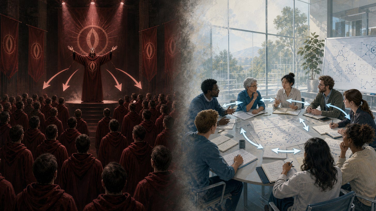 Editorial illustration contrasting a hierarchical cult with a collaborative scientific peer group. Editorial illustration contrasting a hierarchical cult with a collaborative scientific peer group.