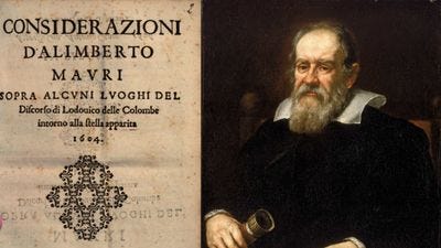 The front page of the Considerazioni d'Alimbero Mauri and a portrait of Galileo: Image Credit: Public Domain The front page of the Considerazioni d'Alimbero Mauri and a portrait of Galileo: Image Credit: Public Domain
