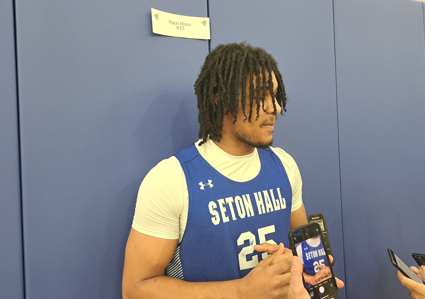 Freshman center Najai Hines speaks to reporters at Seton Hall’s preseason media day on Oct. 6, 2025. (Photo by Adam Zielonka)