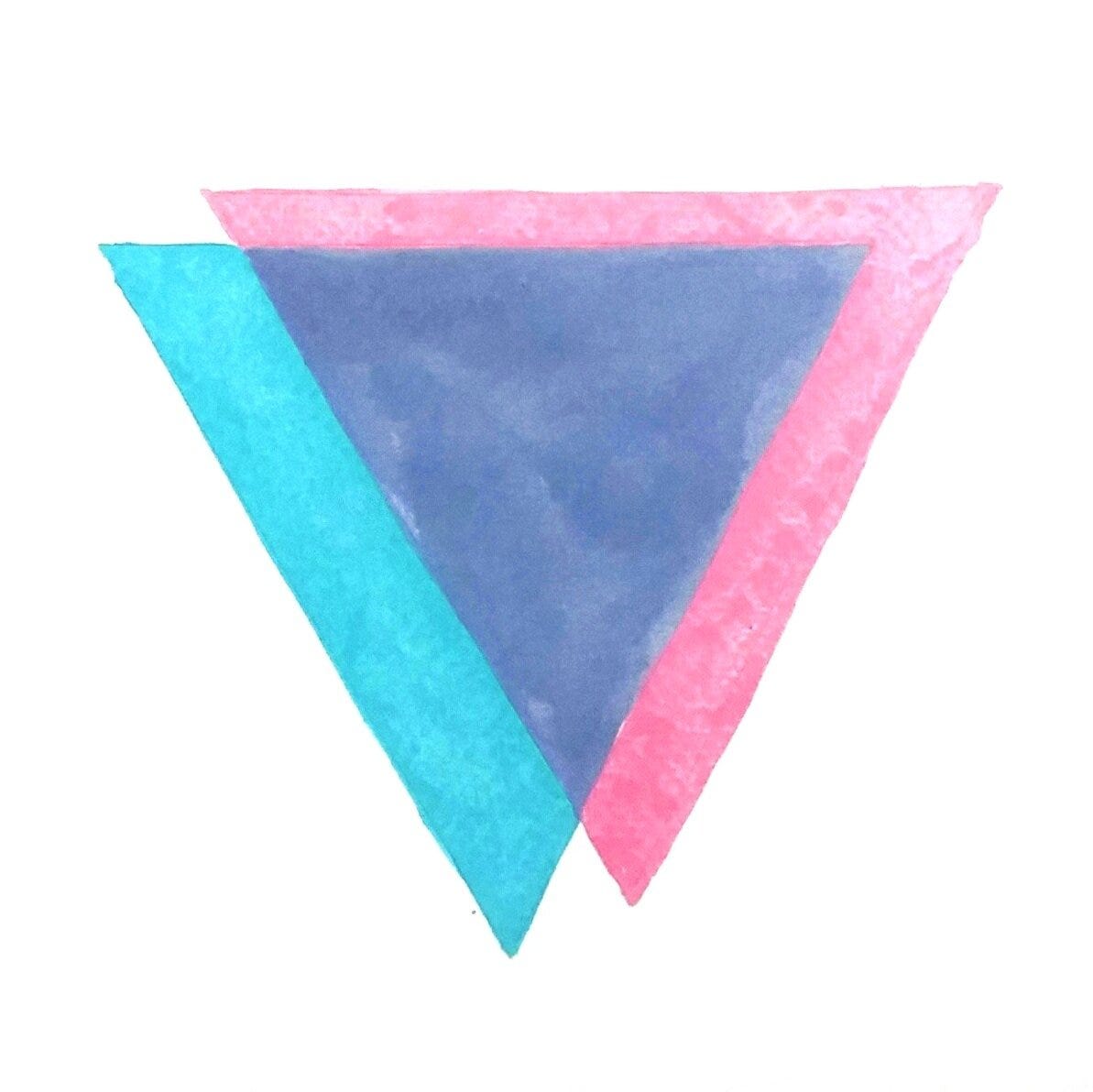 Biangles, 1985The Biangles were possibly the first symbol for bisexual visibility. Within a couple years of its creation by Liz Nania, originally on pins, buttons, and t-shirts, it began to be adopted worldwide. Soon after the creation of the rainbow flag, the three colors of the Biangles became the basis in for the bisexual flag. The colors of the overlapping triangles represent attraction to both, or all, sexes, symbolized by pink and blue, traditionally associated with girls and boys in the US; and lavender represents the queerness of bisexuality, referencing the Lavender Menace in the 1970s and other cultural associations with lavender and queerness in the 1980s and 1990s. The triangle references the pink triangle adopted by LGBTQ+ communities in the 1980s in the US as a form of queer resistance, as it was originally used in Nazi Germany Germany in the 1930s and 40s to identify gay men.