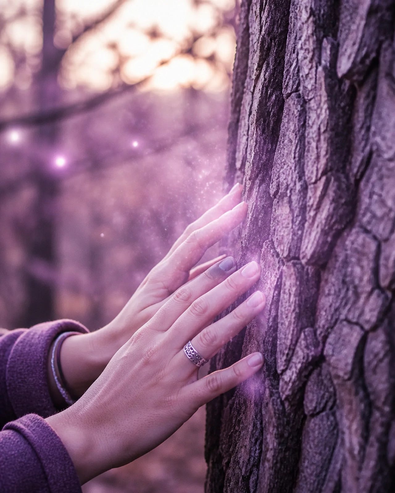 Close-up of hands touching the rough bark of an ancient tree in soft, lavender light