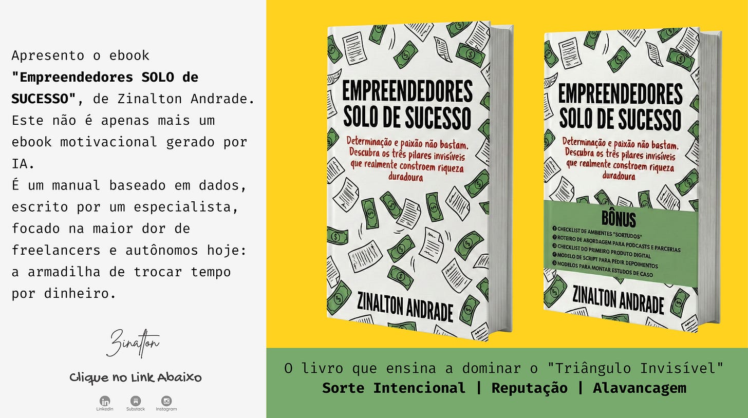 "Banner promocional da newsletter Beta Business apresentando o ebook 'Empreendedores SOLO de SUCESSO' de Zinalton Andrade. A imagem mostra dois mockups de livros físicos sobre um fundo amarelo vibrante, decorados com ilustrações de notas de dólar e folhas de papel. À esquerda, um texto explica que o manual é focado em especialistas e freelancers que desejam parar de trocar tempo por dinheiro, apresentando os pilares da Sorte Intencional, Reputação e Alavancagem."