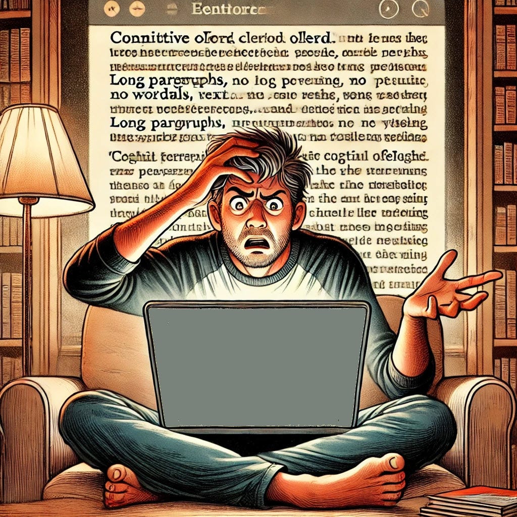 A cartoon-style illustration of a confused reader sitting cross-legged on a couch, staring at a laptop with a frustrated expression. The screen is filled with dense, overwhelming text, and the reader scratches their head while gesturing in exasperation. Bookshelves and warm lighting surround the cozy but chaotic scene, emphasizing information overload. A cartoon-style illustration of a confused reader sitting cross-legged on a couch, staring at a laptop with a frustrated expression. The screen is filled with dense, overwhelming text, and the reader scratches their head while gesturing in exasperation. Bookshelves and warm lighting surround the cozy but chaotic scene, emphasizing information overload.