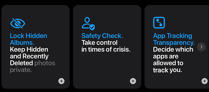 Apple privacy features overview cards including Lock Hidden Albums, Safety Check, and App Tracking Transparency