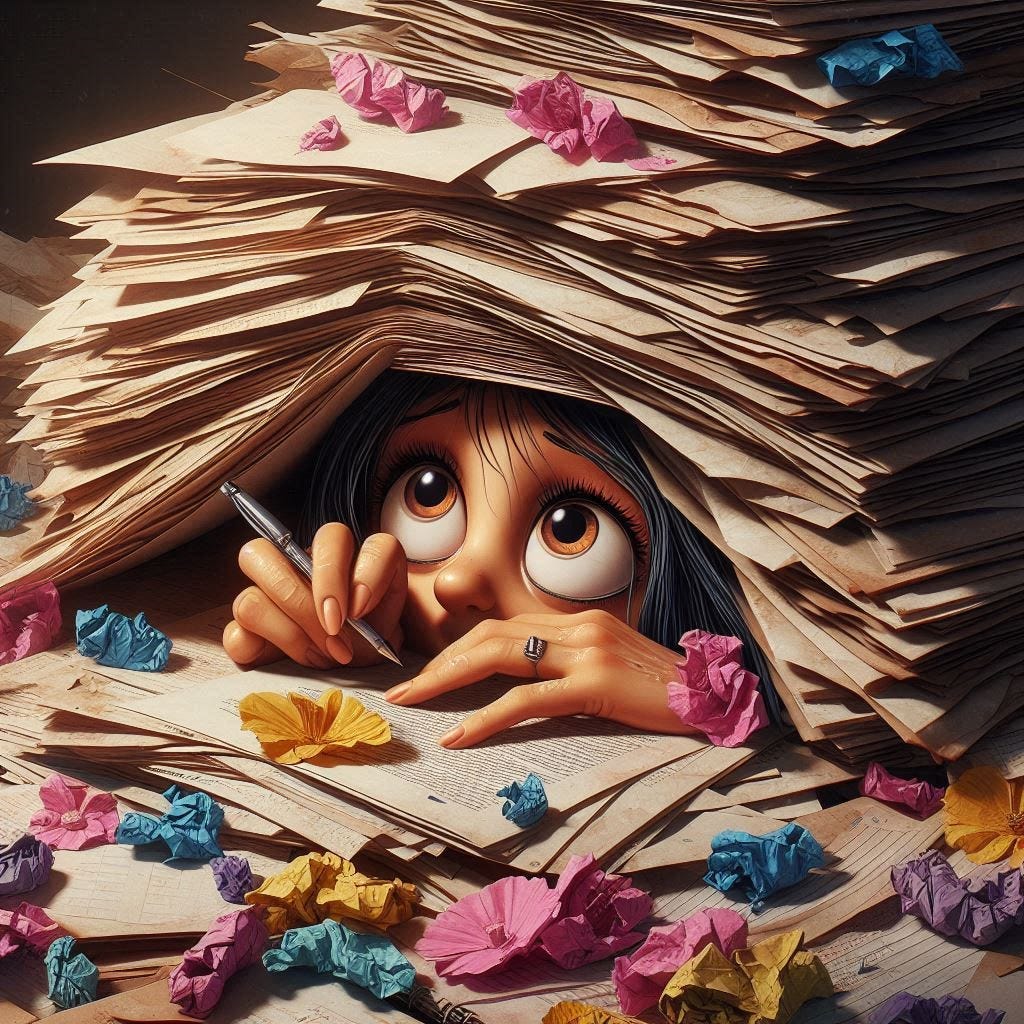 My muse is hiding beneath a pile of papers, looking out from beneath them. My muse is hiding beneath a pile of papers, looking out from beneath them.