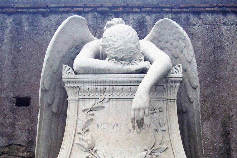‘Angel of Grief,’ sculpted in 1894 by William Wetmore Story, serves as the gravestone of the artist and his wife Emelyn at the Protestant Cemetery in Rome. ‘Angel of Grief,’ sculpted in 1894 by William Wetmore Story, serves as the gravestone of the artist and his wife Emelyn at the Protestant Cemetery in Rome.
