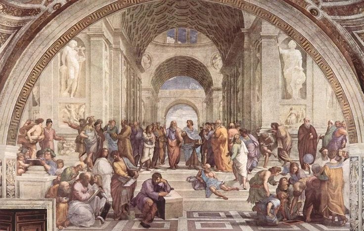 This may contain: a painting of many people in a building