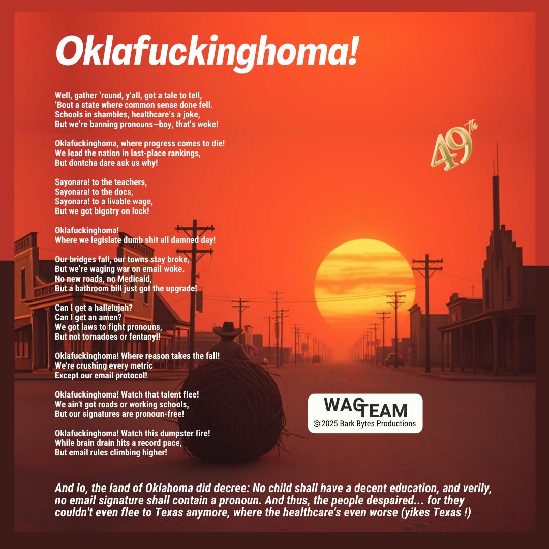 A stylized sunset image of a small Oklahoma town's main street silhouetted against a dramatic blood-red sky. Power lines stretch into the distance toward a massive setting sun. In the foreground, a lone figure sits contemplatively while watching the sunset. The lyrics to 'OKLAFUCKINGHOMA' are overlaid in white text, detailing the state's misplaced priorities and struggles with education and healthcare. A golden '49th' ranking floats ominously in the sky, while buildings and telephone poles create stark shadows against the crimson backdrop. The image captures both the natural beauty of Oklahoma and the dark humor of its current political situation. The WAG TEAM logo appears in white at the bottom.