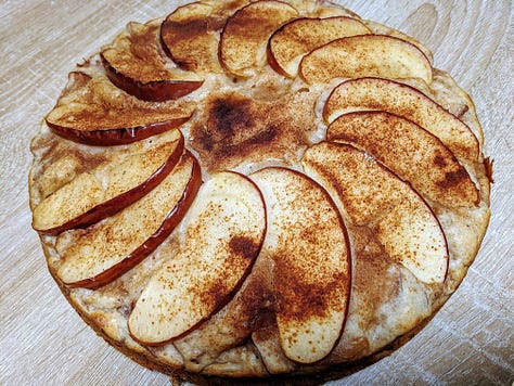 Akibae apples, a cake Kevin made (sans oven), and a slice plated by a professional
