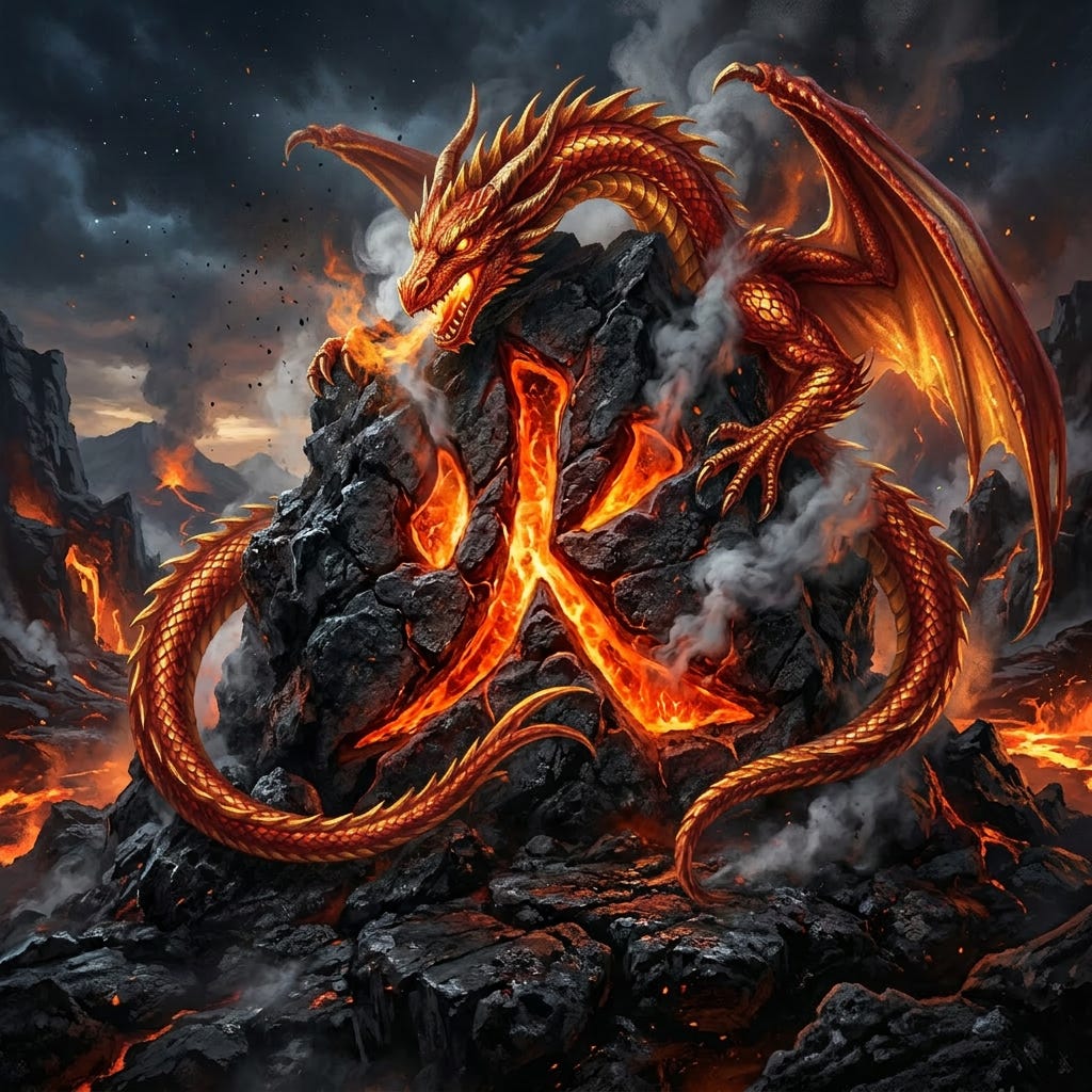 Volcanic rock with glowing lava forming a fiery symbol with smoke and eruptions in the background