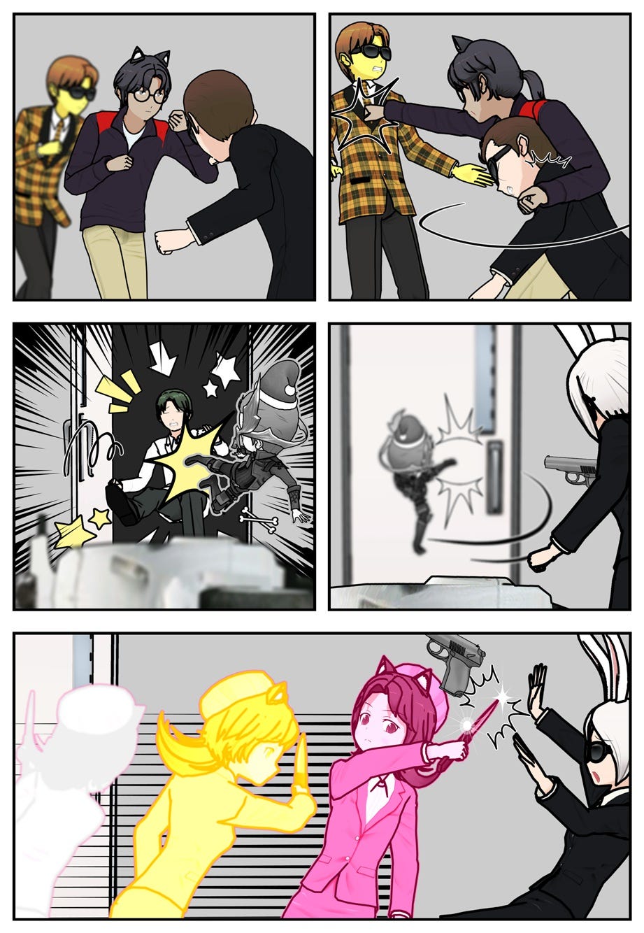 Ruff takes on two henchmen with his bare fists, and Mouse kicks an Invidius minion through the side door. Another agent aims her handgun at Mouse, but a powered-up Rae disarms her with a quick swipe of her knife.