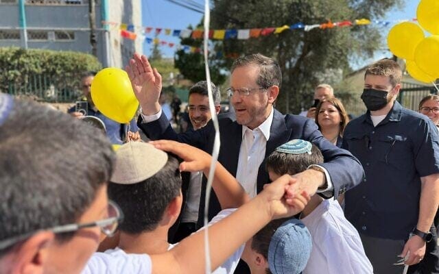 President Isaac Herzog visits children at the Rambam school in Kiryat Shmona on September 1, 2025. (Courtesy/President’s Residence)