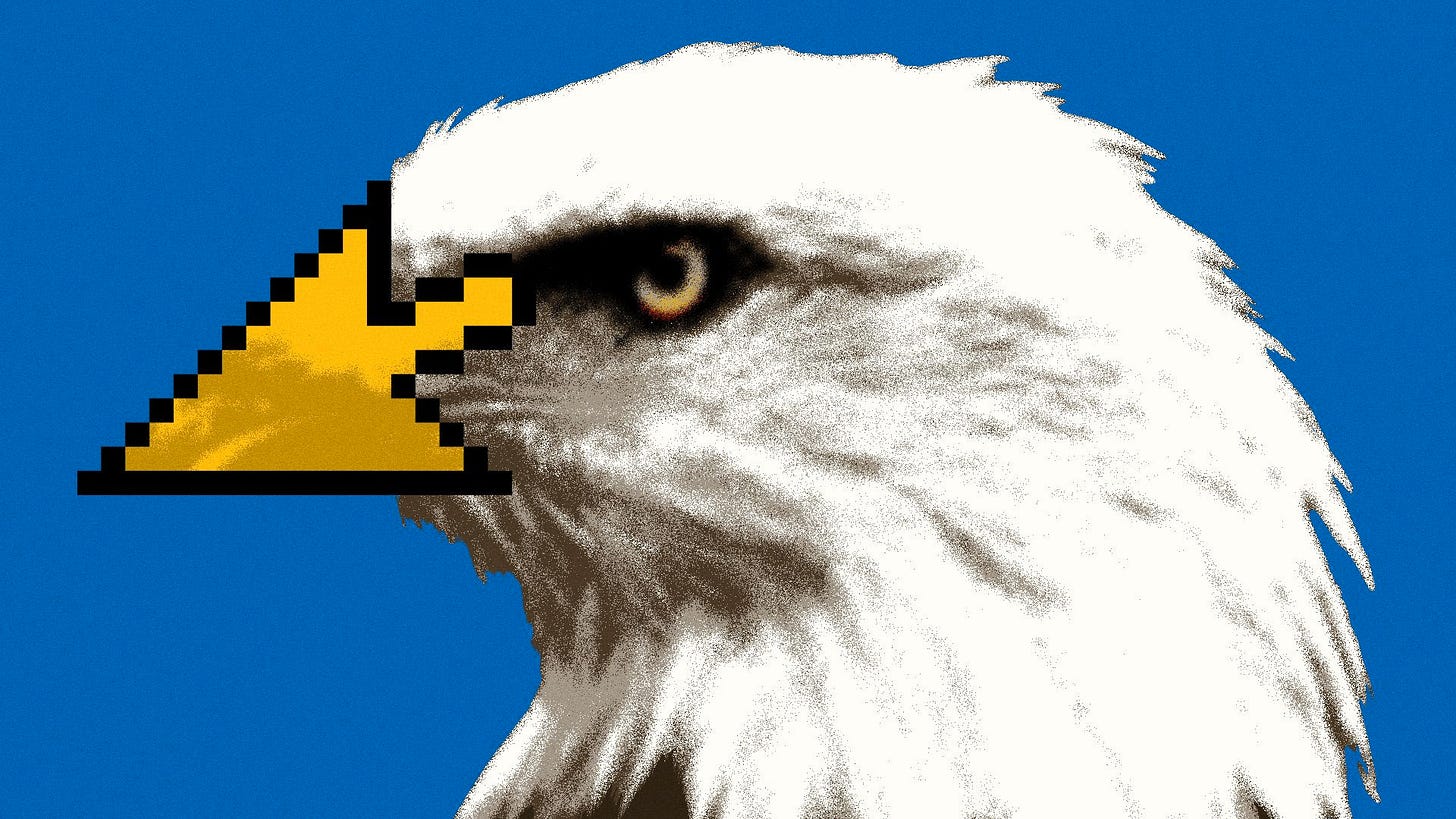 Illustration of a bald eagle with a cursor replacing its beak. 