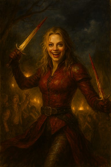 A gothic fantasy depiction of Volenta Popofsky, visually inspired by Margot Robbie, at St. Andral’s Feast. She stands in Vallaki’s rain-slicked square, clad in crimson leather attire that gleams under lantern light. Her grin is sharp and mischievous, exuding scary playfulness—like a predator disguised as a dancer. Volenta’s posture is theatrical, arms slightly outstretched as if inviting the crowd to join her twisted revelry. Around her, villagers in festival garb scatter, their lanterns and banners fluttering in the storm. St. Andral’s Church glows faintly in the background, its holy aura casting soft light that Volenta seems to mock. The atmosphere is eerie, surreal, and charged with gothic tension, emphasizing Volenta’s playful menace.