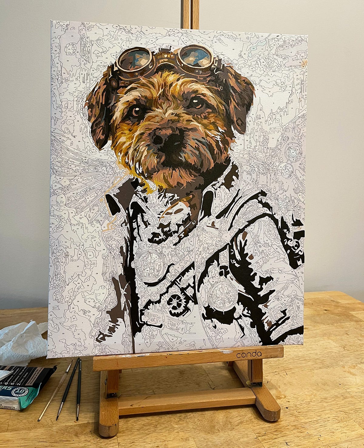 Unfinished paint-by-number canvas with Lucy as a Steampunk hero