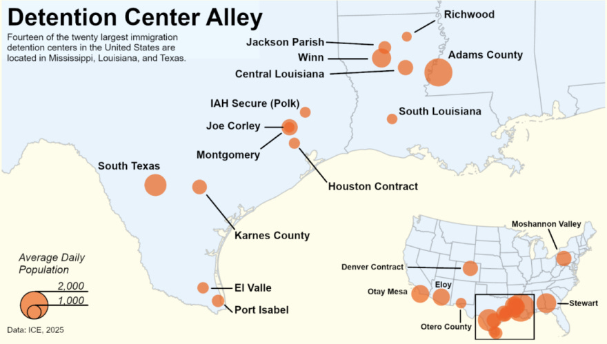 Many of the largest immigration detention centers, especially outside of border states, are located in Louisiana.