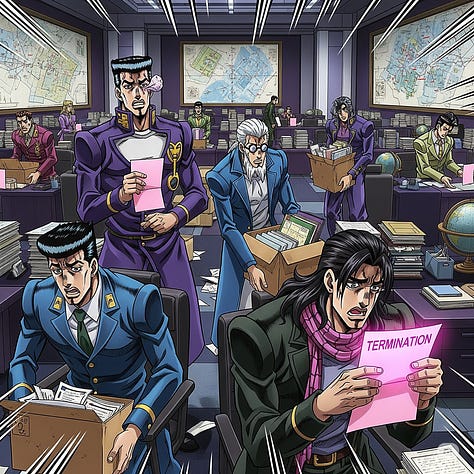 Various shitposts of military scholar Clausewitz and friends being RIF'd by the government. Yes, It's AI generated in different styles like Realism, 60's cartoon, Kandinsky, Shojo Anime, but... why not?