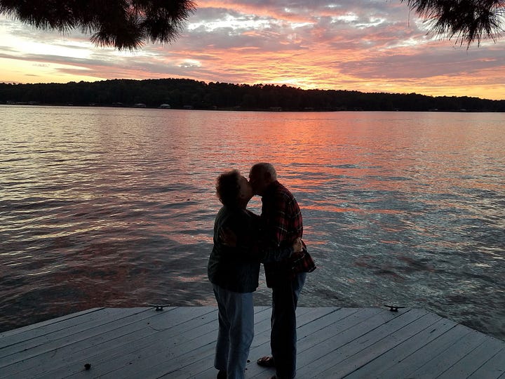 3 Pictures of Melora Fern and her mom - "Tutu" taking selfies, one picture of Melora Ferns parents in silhouette, kissing in front of a sunset
