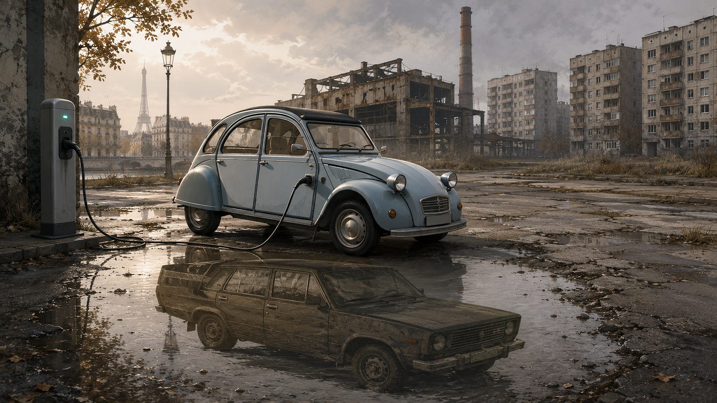 A pale blue electric 2CV is plugged into a charging station in a dilapidated urban setting. In the background, an abandoned factory, gray apartment buildings, and the Eiffel Tower in the distance are visible. An old, dark Lada is reflected in a large puddle in the foreground, like the ghost of another industrial decline. A pale blue electric 2CV is plugged into a charging station in a dilapidated urban setting. In the background, an abandoned factory, gray apartment buildings, and the Eiffel Tower in the distance are visible. An old, dark Lada is reflected in a large puddle in the foreground, like the ghost of another industrial decline.
