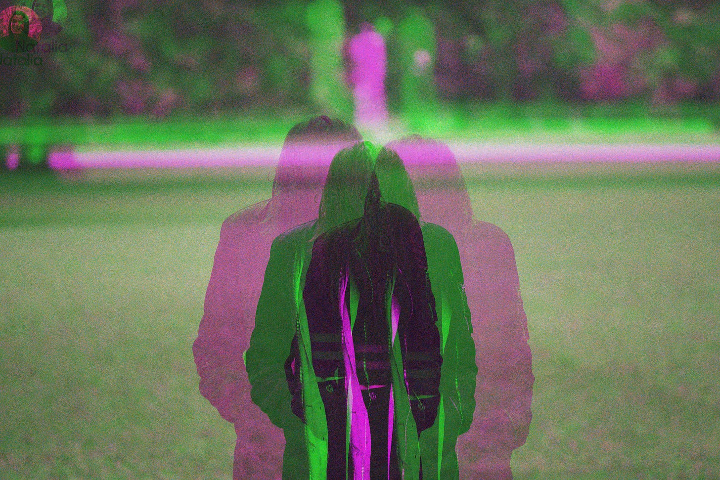 A graphic of a woman in various shades and purple and green