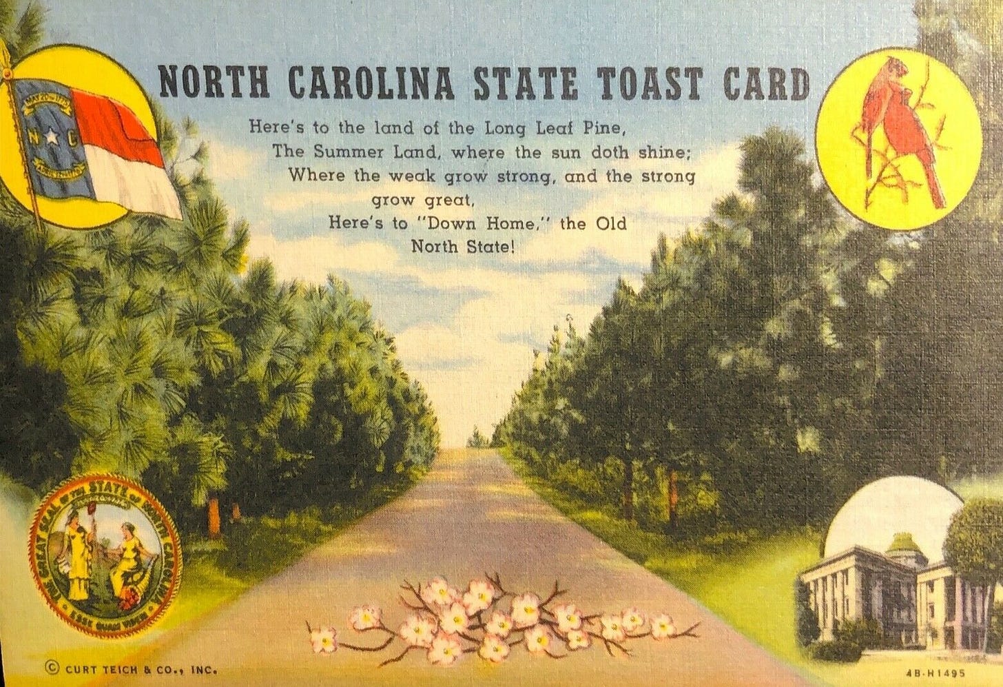 Here’s to the land of the Long Leaf Pine/ The Summer Land, where the sun doth shine;/ Where the weak grow strong and the strong grow great,/ Here’s to “Down Home,” the Old North State!