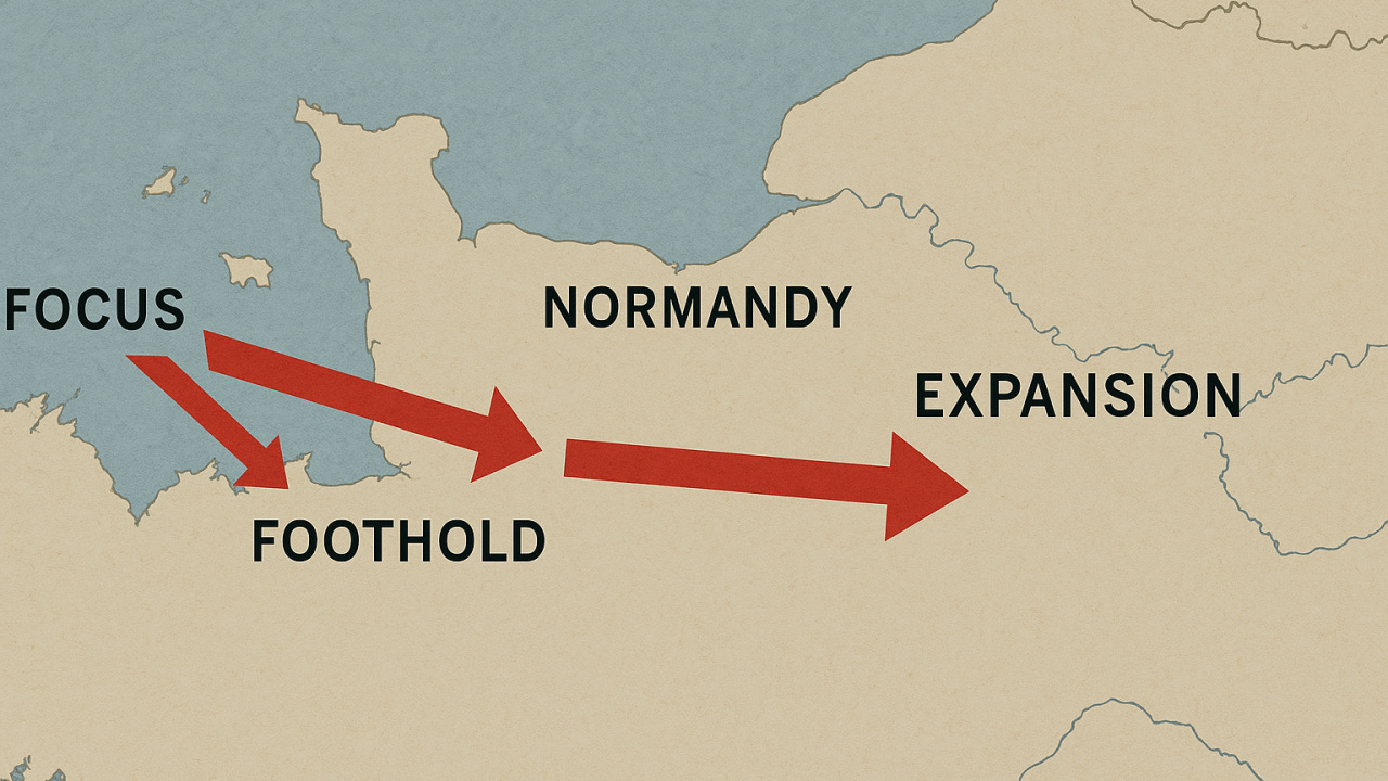 Map style diagram showing a focus area leading to a foothold in Normandy and then an expansion eastward, illustrating the beachhead strategy where companies win a small market first before moving into adjacent markets.