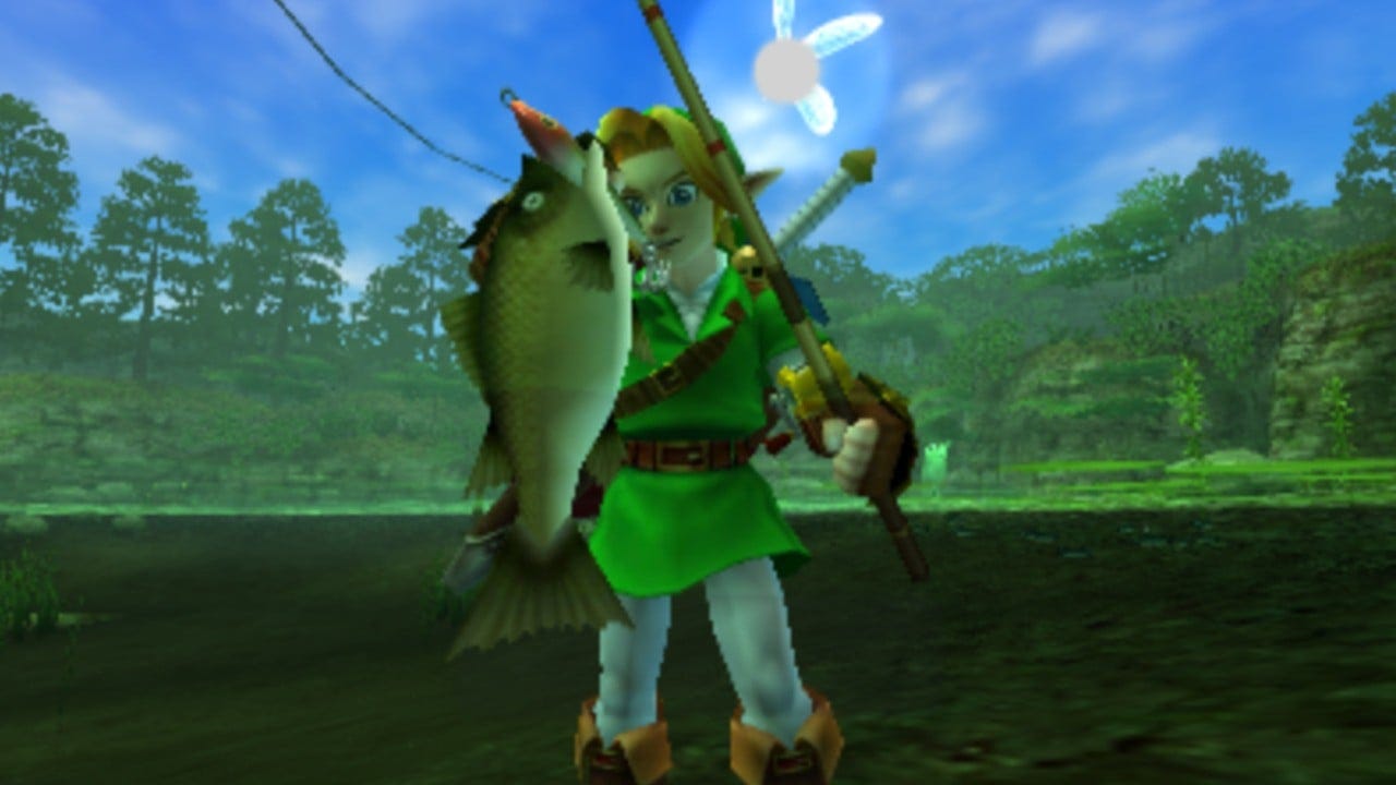 Link holds a fish and a fishing rod. He stands next to a green forrest and a mossy pond.