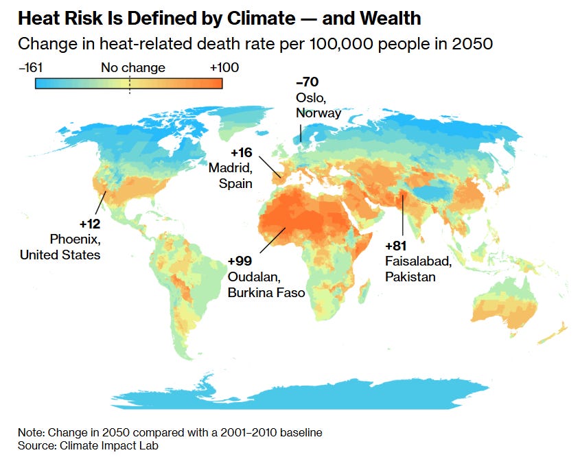 A map showing the changes in heat-related deaths in countries around the world. A map showing the changes in heat-related deaths in countries around the world.