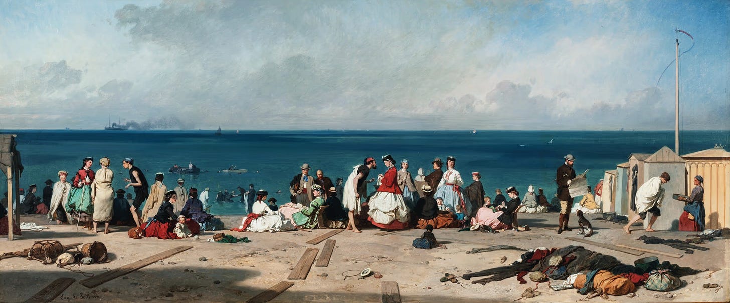 scène de bains de mer et plage à Etretat en 1860