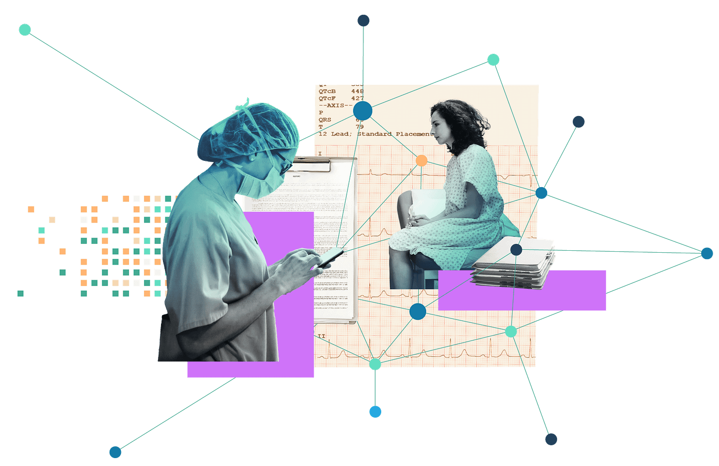 A collage of images and shapes are depicted: a woman in scrubs on the left looking on her phone, while a woman with patient attire on the right sits on an examination table. Purple shapes are aligned next to the two woman, along with images of paperwork in the background. 