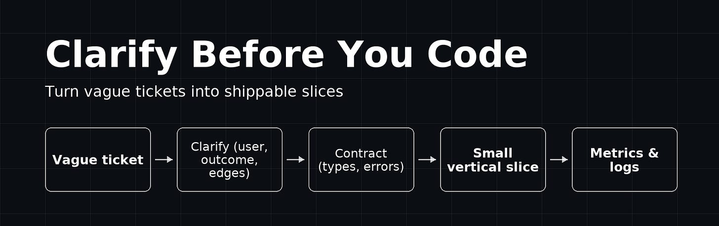 Flow from vague ticket to metrics and logs through clarify, contract, and small vertical slice.