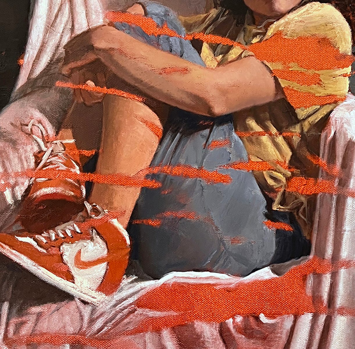 Detail of Painting of a portrait of a young woman seated barefoot in a chair draped with white cloth, wearing bright sneakers, framed through omissions revealing the limits of perception and narrative closure. By Deborah Scott, part of her Structural Omission framework in the Post-Certainty Era, exploring structural incompleteness. Deborah Scott Art.