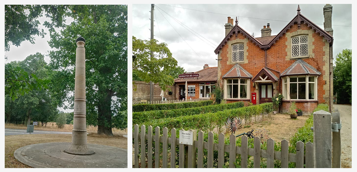 The Christopher Cockerell monument and Post Office in Somerleyton village.