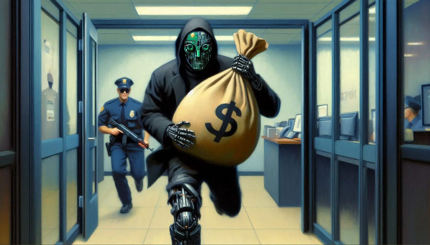 A cyborg wearing a black mask over its face runs out of a bank carrying a large sack of money. A security guard is chasing it. Slight impressionist style.