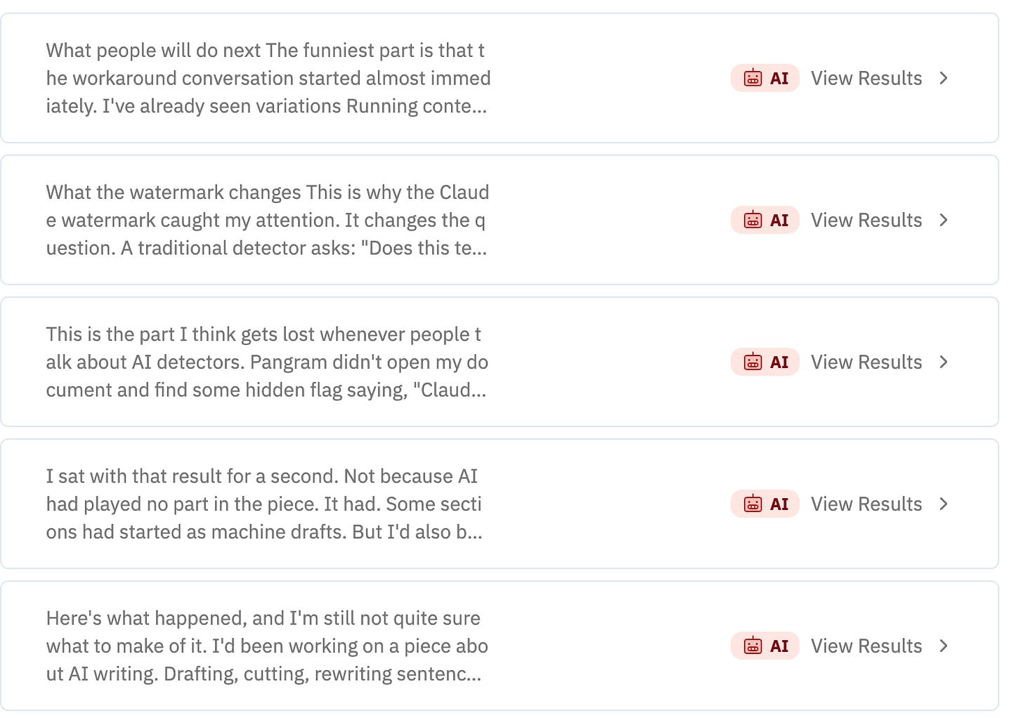 Pangram results list marking several sections of the article as AI generated