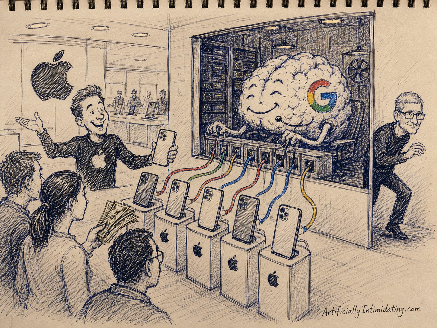 AI-generated editorial cartoon in a hand-drawn sketch style showing an Apple Store selling new AI-powered iPhones while a giant Google Gemini brain hidden behind the showroom wall controls every device through thick cables. Customers eagerly hand over cash for the phones, unaware that the intelligence powering them comes from Google. In the background, a Tim Cook lookalike quietly tiptoes away from the scene, reinforcing the joke that Apple is renting its AI brain from a competitor. AI-generated editorial cartoon in a hand-drawn sketch style showing an Apple Store selling new AI-powered iPhones while a giant Google Gemini brain hidden behind the showroom wall controls every device through thick cables. Customers eagerly hand over cash for the phones, unaware that the intelligence powering them comes from Google. In the background, a Tim Cook lookalike quietly tiptoes away from the scene, reinforcing the joke that Apple is renting its AI brain from a competitor.