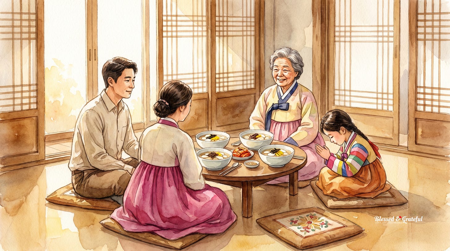 A Korean family on Seollal morning with bowls of tteokguk, a child bowing in sebae A Korean family on Seollal morning with bowls of tteokguk, a child bowing in sebae