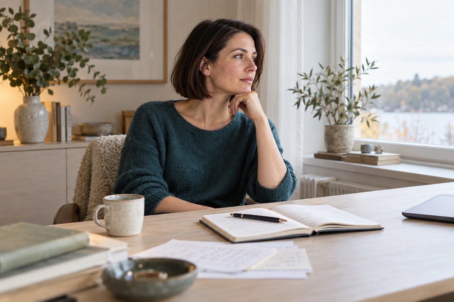 Woman looking toward a window with her pen resting on an open notebook. Woman looking toward a window with her pen resting on an open notebook.