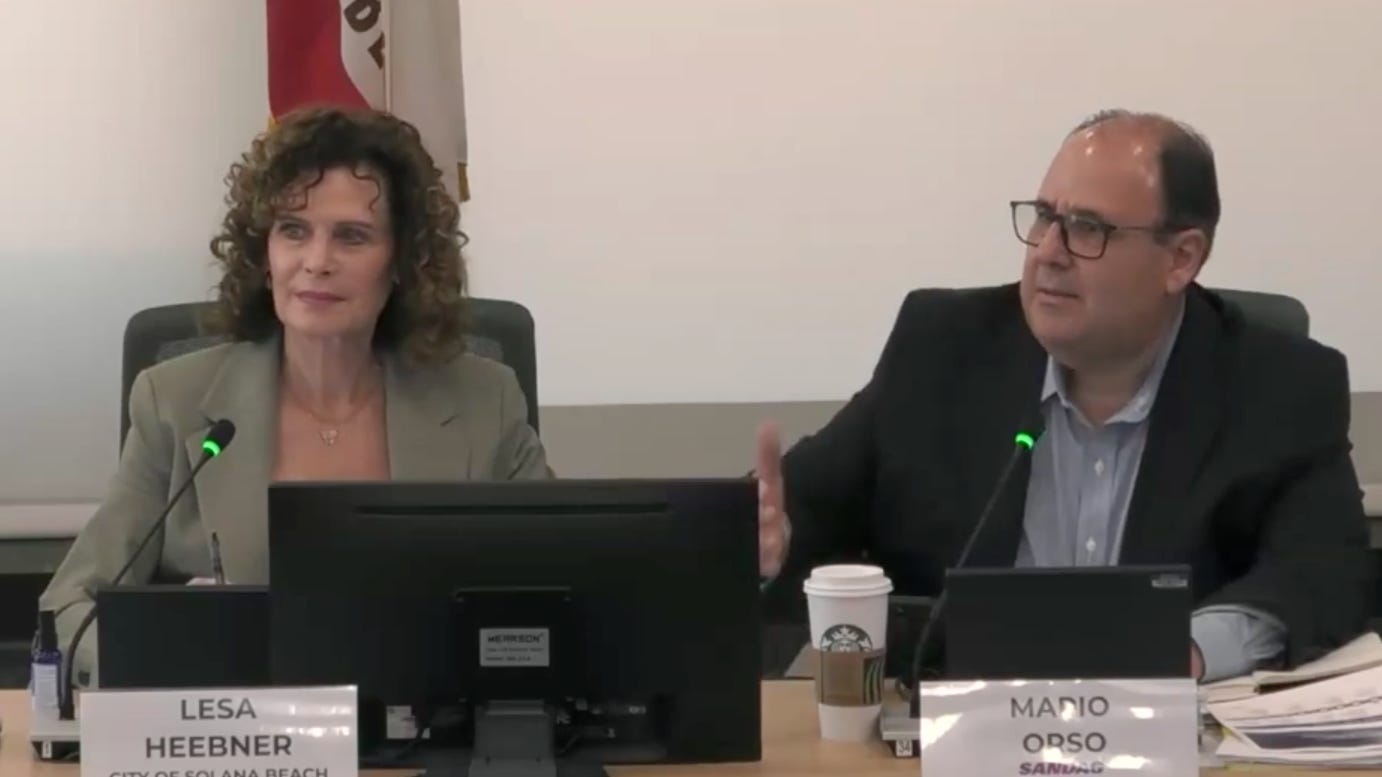 SANDAG Chairwoman Lesa Heebner of Solana Beach, left, and CEO Mario Orso discuss the agency’s audit during the June 12 Board of Directors meeting. Steve Puterski image
