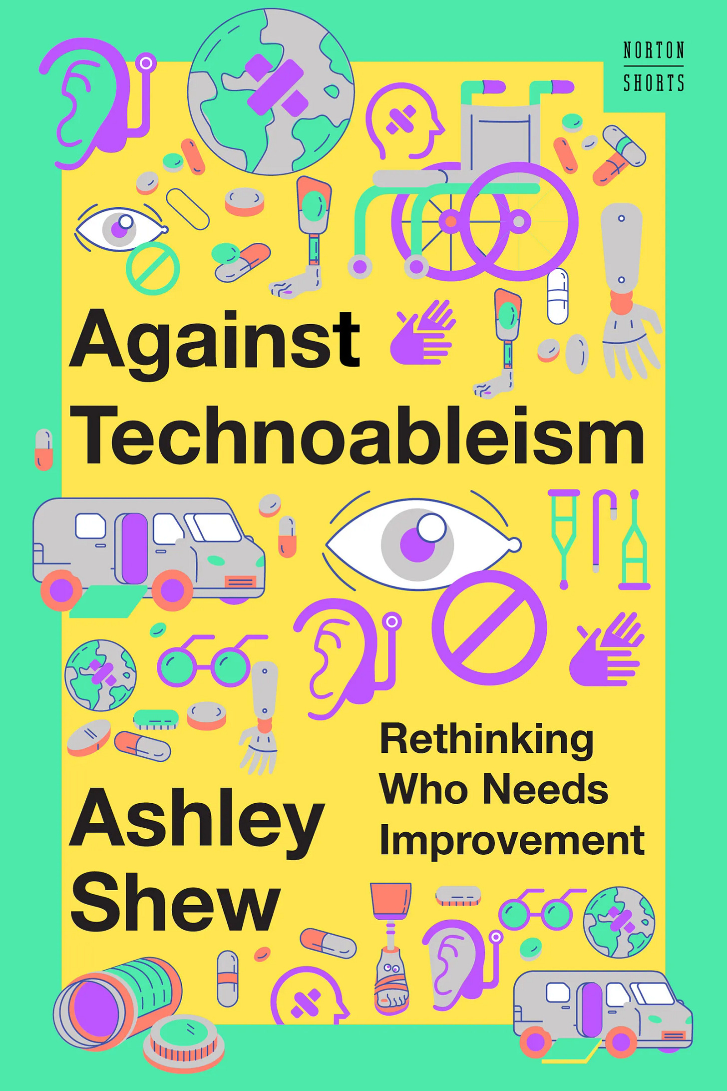 Book cover with a lot of different symbols and little elements like a wheelchair, a prothesis, crutches, an accessible van etc