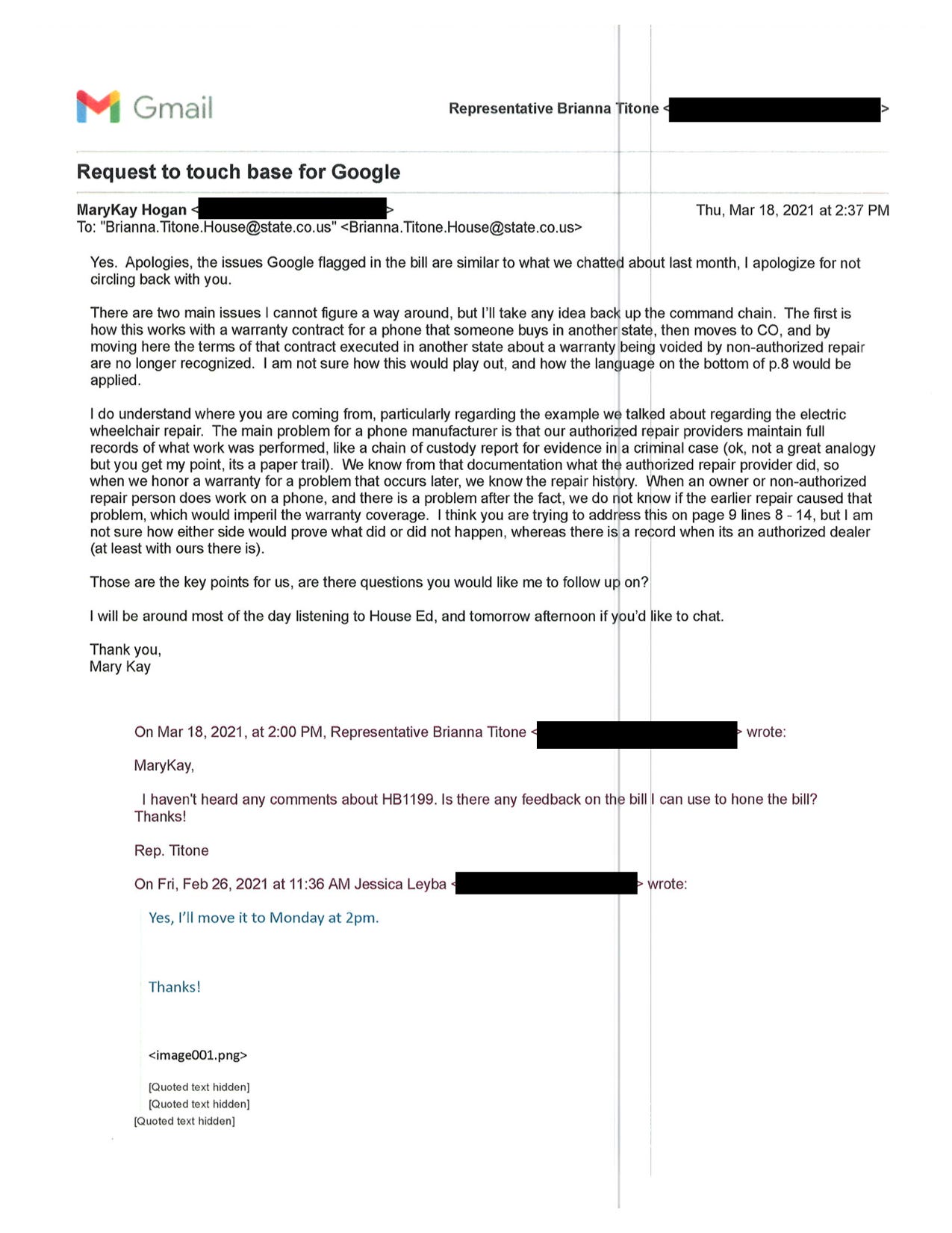 Email CO Rep Brianna Titone Google Lobbyist