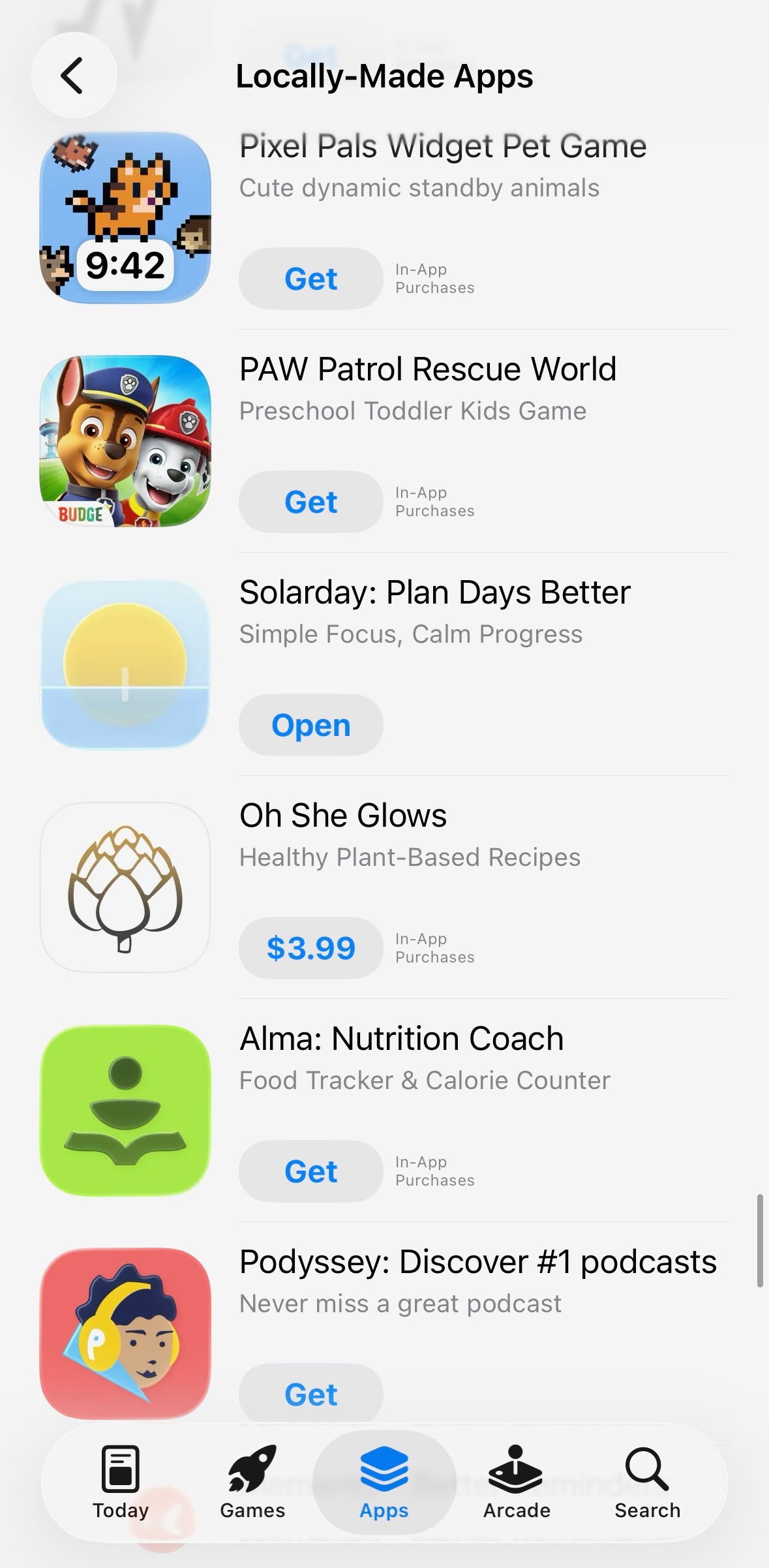 A screenshot of the iOS App Store "Locally-Made Apps" list, showing app entries including Pixel Pals Widget Pet Game, PAW Patrol Rescue World, Solarday: Plan Days Better (with an "Open" button, indicating it's installed), Oh She Glows, Alma: Nutrition Coach, and Podyssey.