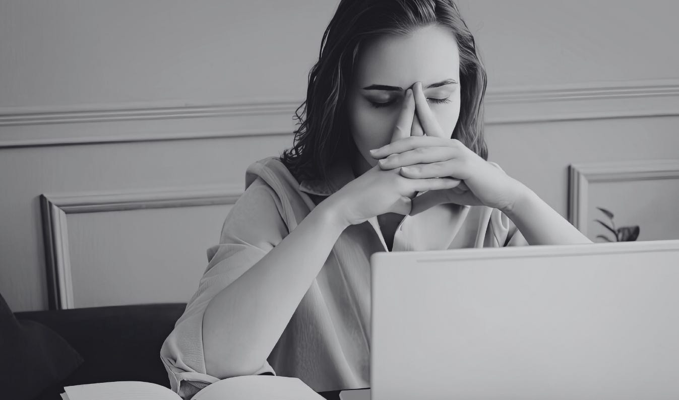 Picture of mental paralysis. A black and white photo of a woman sitting at a laptop, head resting in her interlaced hands, index fingers pressed together pointing upward. Picture of mental paralysis. A black and white photo of a woman sitting at a laptop, head resting in her interlaced hands, index fingers pressed together pointing upward.