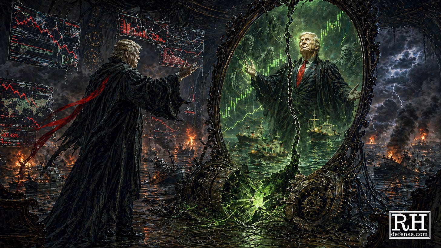 A Trump-like dark wizard stands before a cracked magical mirror showing a triumphant version of himself with rising green markets and calm ships, while the real world around him burns with sinking ships, broken red market screens, and storm clouds.