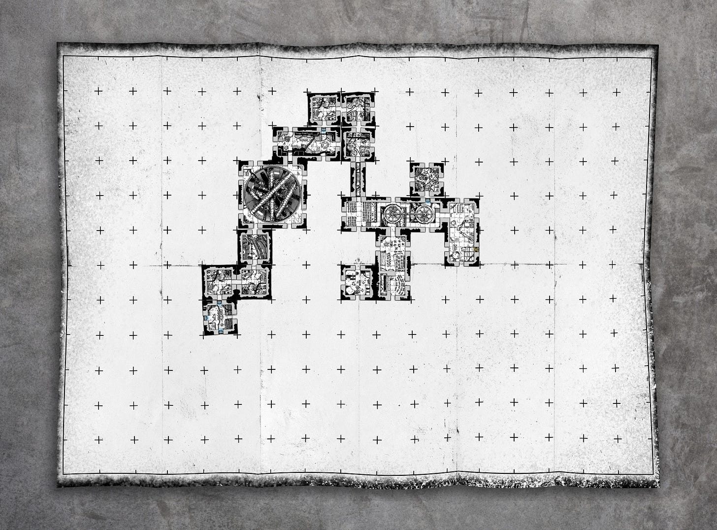 A fold-out map, road map sized, but it's got a square grid on it, with map tiles layed out on top of it