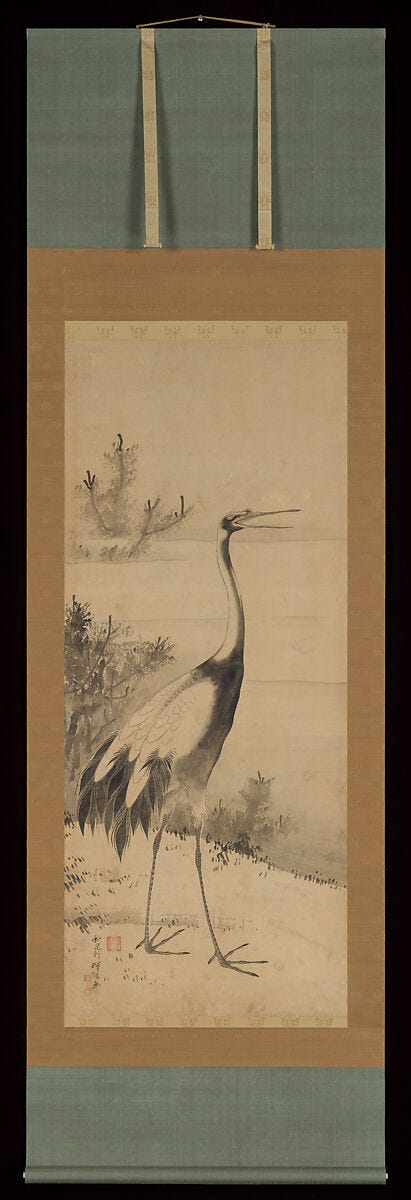 Cranes, Soga Shōhaku (Japanese, 1730–1781), Pair of hanging scrolls; ink on paper, Japan 