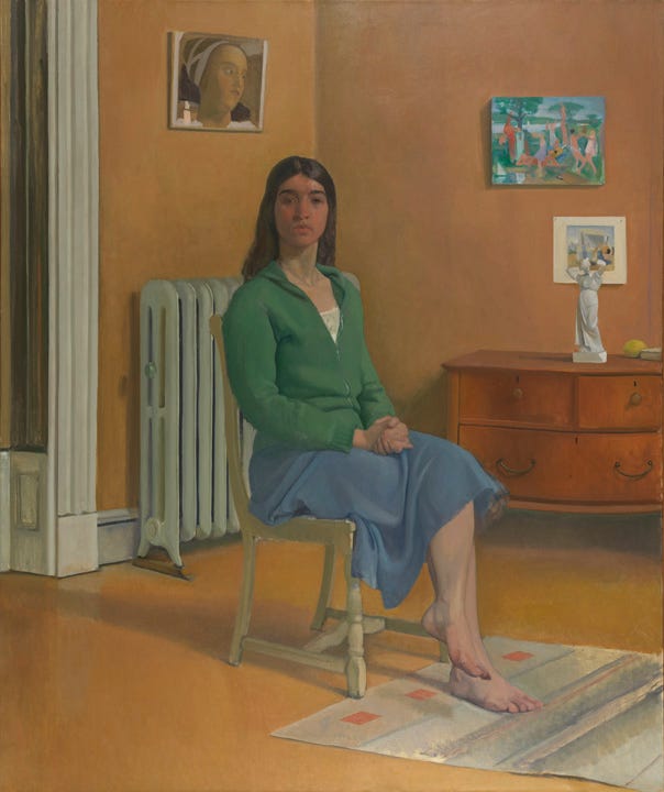A young woman seated at a three-quarter angle, head turned to the viewer, in a room with radiator behind her, chest of drawers, a reproduction of a woman's head (Ingres?) on the wall. Also on the wall is a study for a bacchanal. On the chest of drawers is a statuette of a classical female figure. A young woman seated at a three-quarter angle, head turned to the viewer, in a room with radiator behind her, chest of drawers, a reproduction of a woman's head (Ingres?) on the wall. Also on the wall is a study for a bacchanal. On the chest of drawers is a statuette of a classical female figure.