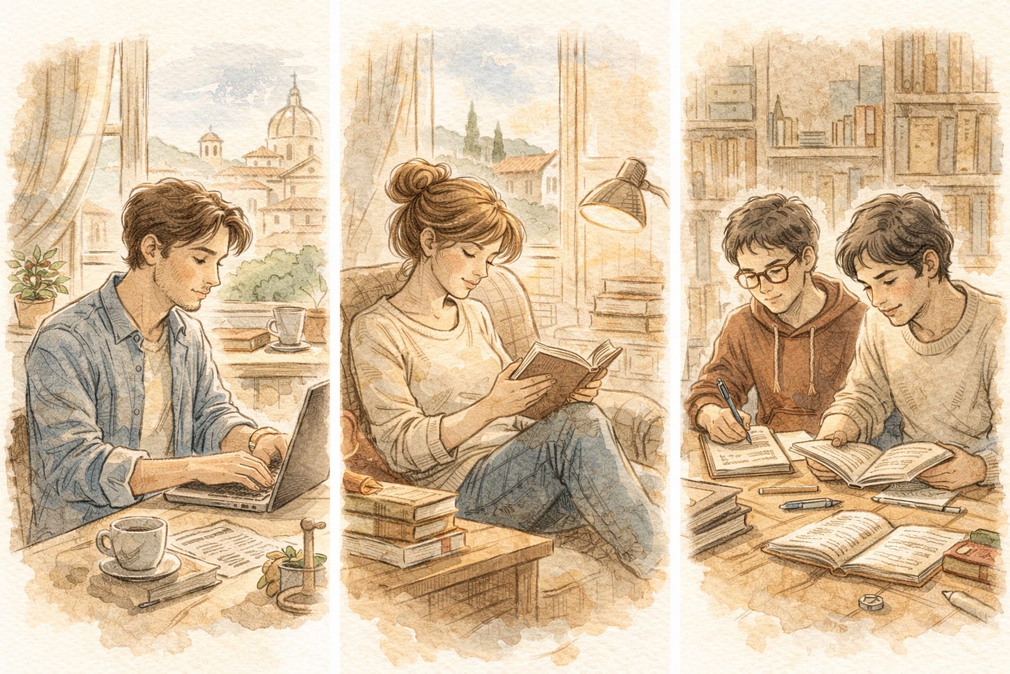 Three sepia watercolor scenes show a man working on a laptop, a woman reading a book, and two people studying together at a table in a calm, Italian-style interior.