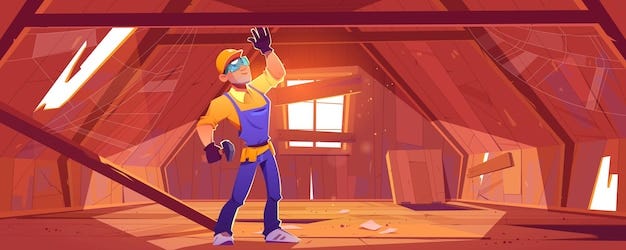 Free vector repairman on old attic with broken roof and floor