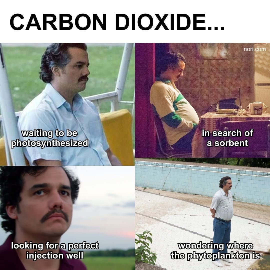 Title "CARBON DIOXIDE..." over four stills of Pablo Escobar from Narcos waiting alone: "waiting to be photosynthesized", "in search of a sorbent", "looking for a perfect injection well" and "wondering where the phytoplankton is".